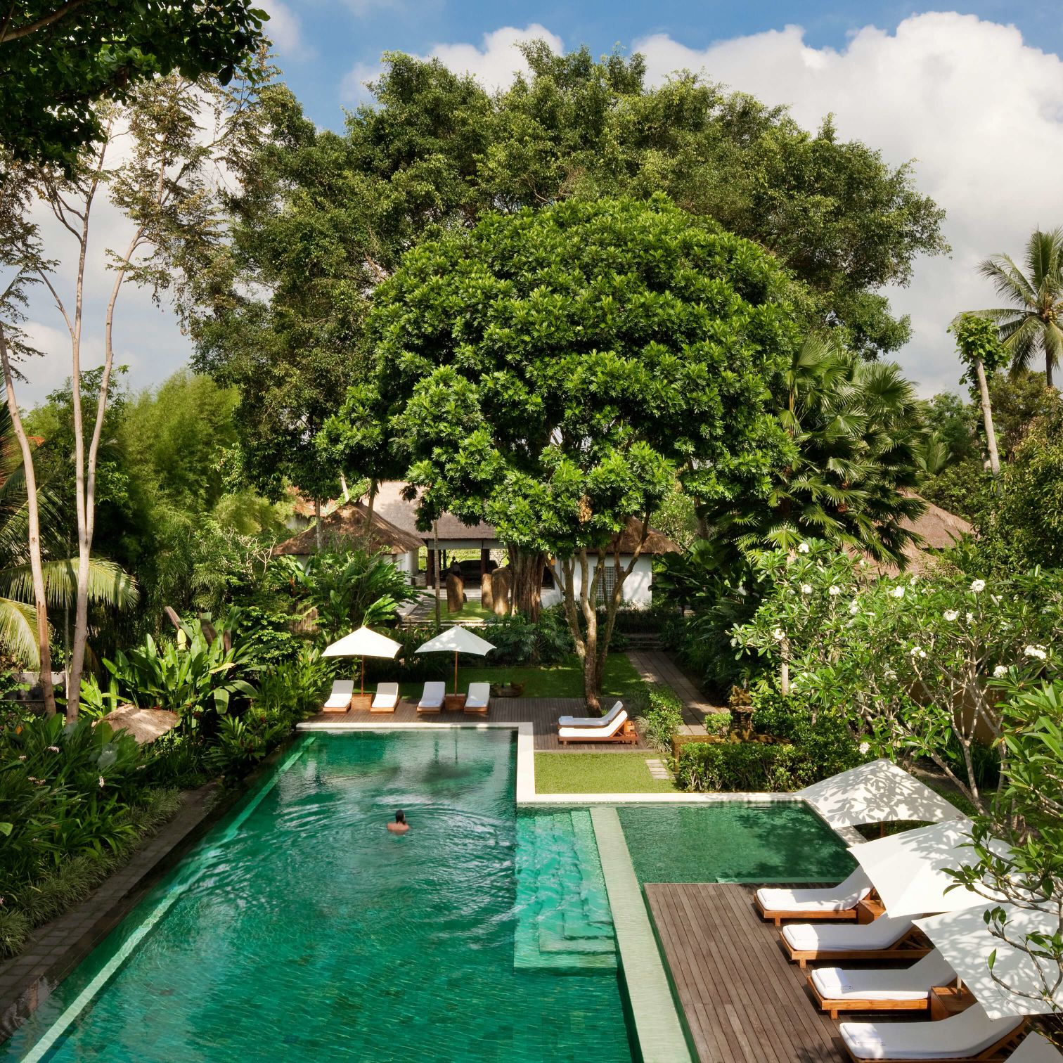 A Pool With A Couple Of People In It By Trees And A Building