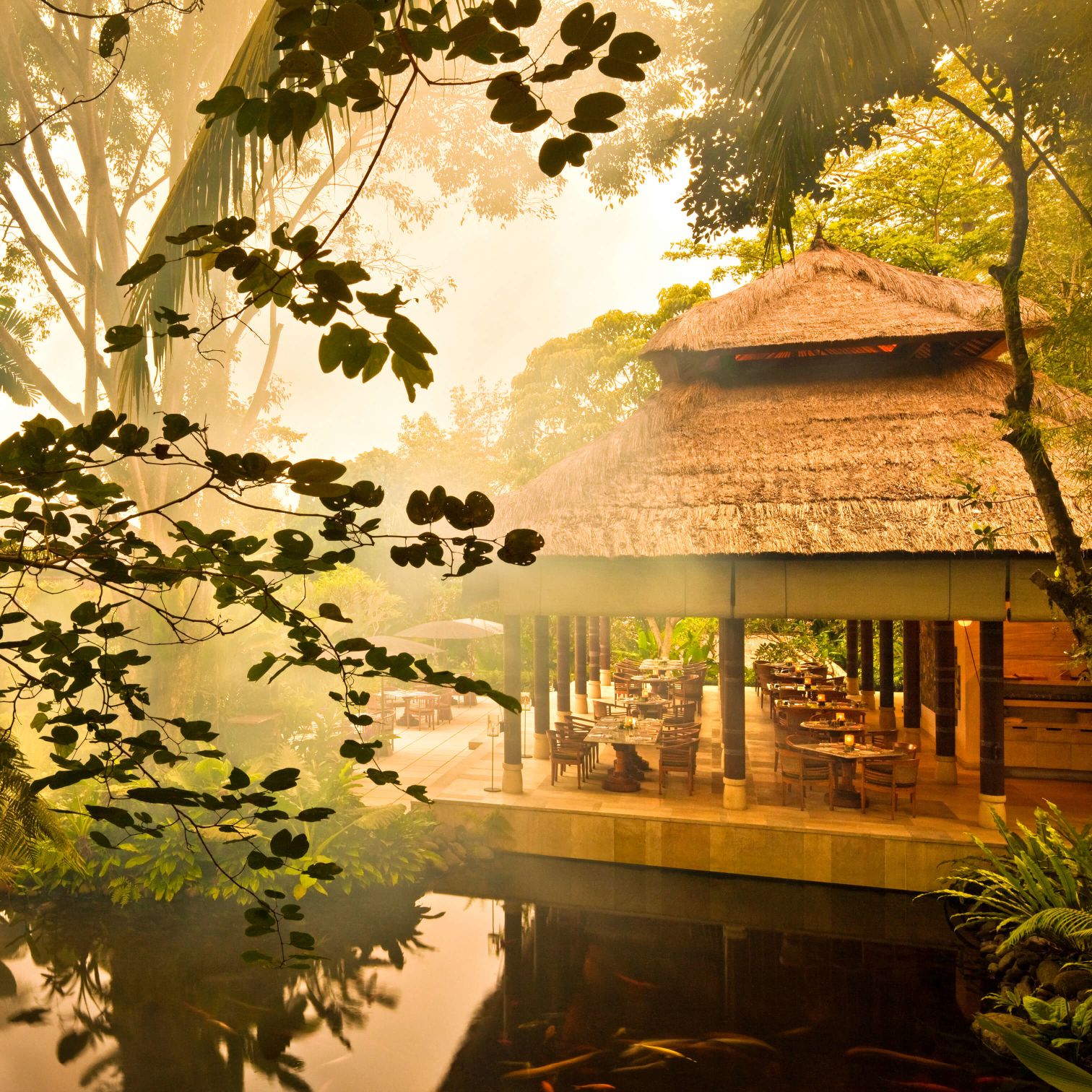 A Building With A Pool And Trees Around It